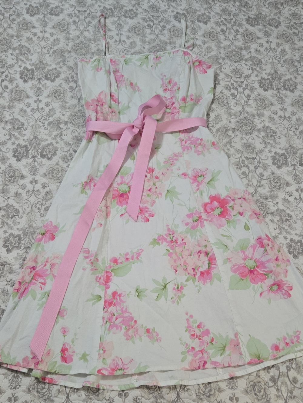 City Triangles White Floral Dress with Pink Ribbon